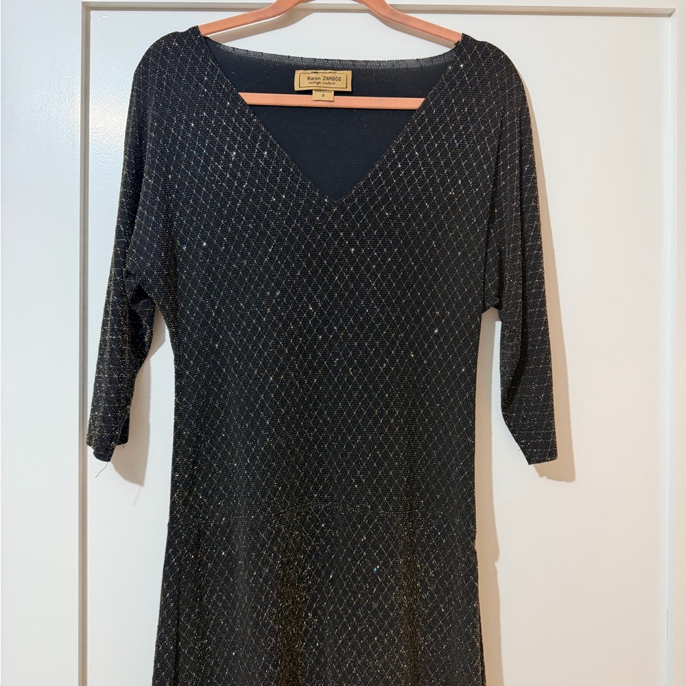 Karen Zambos Black Dress with Gold Pattern